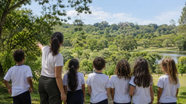 Uma professora e crianças observam a área verde de um parque. A composição representa uma atividade de reflexão sobre meio ambiente e futuro. Imagem gerada por IA.