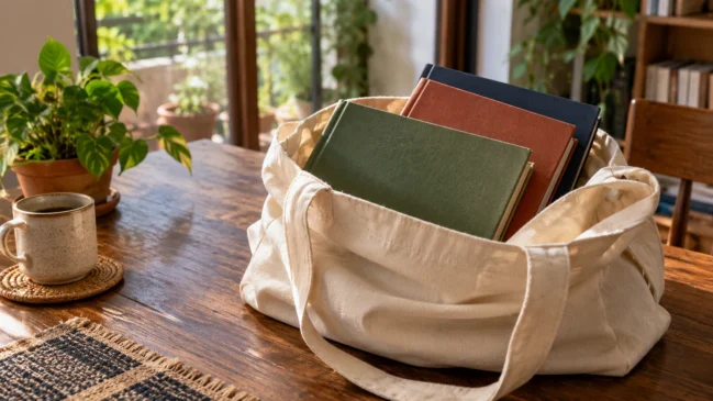 Representação de livros escolhidos ficam reunidos numa sacola de tecido sobre uma mesa, com capas sem inscrições. Imagem gerada por IA.