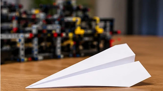 O resultado final da máquina é um avião de papel produzido por uma sequência mecânica automatizada.