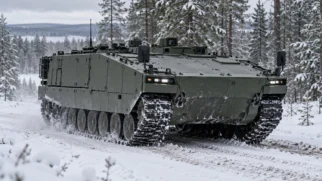 Veículo blindado de lagartas semelhante ao Patria TRACKX atravessando terreno coberto de neve durante testes no norte da Europa.