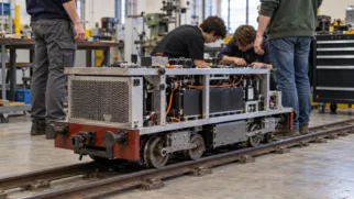 Pequena locomotiva elétrica universitária sobre trilhos de teste, cercada por jovens estudantes de engenharia em um pátio ferroviário.
