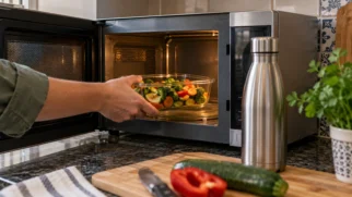 Pessoa transferindo comida quente de um recipiente plástico para um pote de vidro em uma cozinha doméstica bem iluminada.