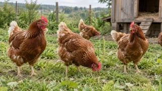 Galinhas ruivas em um abrigo cercado, com espaço externo, enquanto voluntários acompanham os animais antes da adoção.