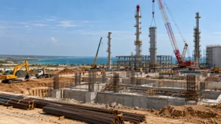 Grande canteiro de obras de uma refinaria costeira africana com guindastes, estruturas industriais e trabalhadores usando equipamentos de segurança.