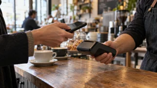 Pessoa usando smartphone para fazer pagamento instantâneo em terminal de loja europeia, com cartão bancário ao lado.