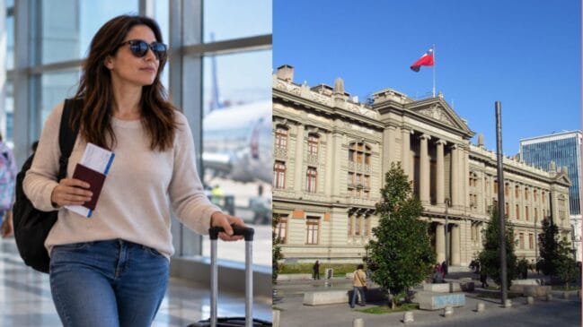 passageira em aeroporto e fachada da Corte Suprema do Chile, relacionada à viagem e ao julgamento. (Fonte: OpenAI/)