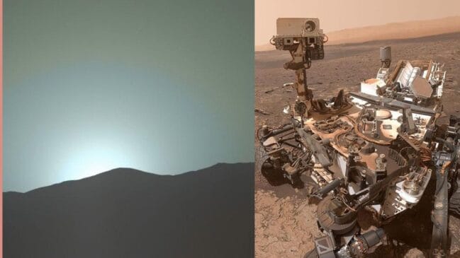 Composição reúne o pôr do sol azul registrado na cratera Gale e uma imagem do Curiosity em solo marciano (Foto: NASA/JPL-Caltech/MSSS/Texas A&M Univ.)