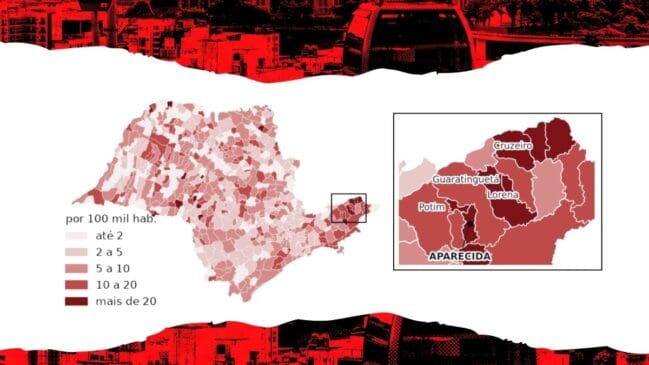 Aparecida do Norte - Taxa média anual de homicídios, 2023–2025. À direita, o detalhe do Vale Histórico. As cidades mais escuras são as de taxa acima de 20 por 100 mil. Fonte: SSP-SP; malha municipal IBGE; cálculo Crime Brasil/Crime Brasil/Gazeta de S. Paulo