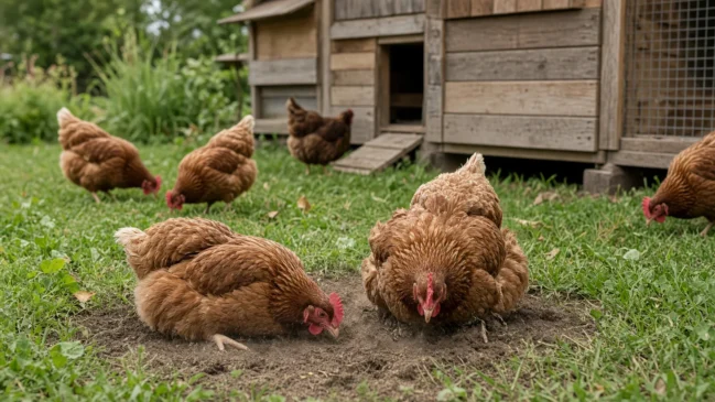 Galinhas poedeiras ciscam em jardim após resgate de granja