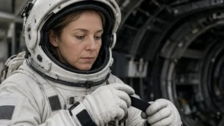 Astronauta em close no interior da nave durante preparativo de retorno