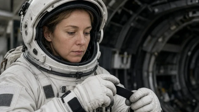 Astronauta em close no interior da nave durante preparativo de retorno