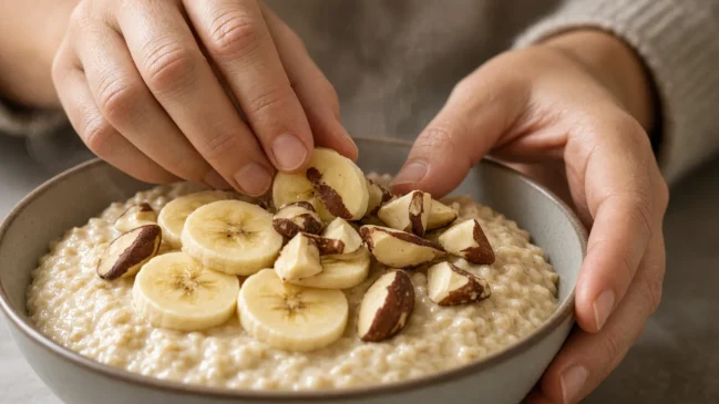 Tigela de aveia integral com banana e castanhas sendo preparada no café da manhã