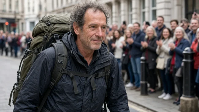 Aventureiro com mochila em primeiro plano em rua britânica no regresso da caminhada