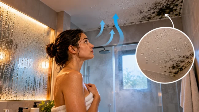 Mulher observa manchas de mofo e gotas de condensação no teto do banheiro após banho quente, com espelho e box ainda cobertos de vapor.