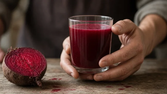 Suco de beterraba fresco e raiz cortada sobre mesa de madeira