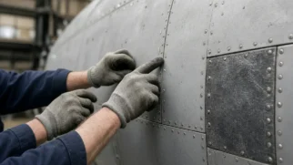 Mãos de técnico inspecionam fuselagem de widebody em hangar de montagem