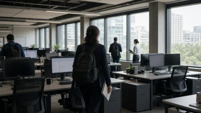 Escritório corporativo moderno com estações de trabalho e funcionários chegando