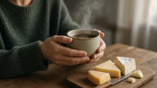 Mãos segurando xícara de café ao lado de queijo em mesa de madeira