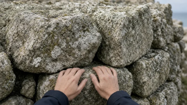 Detalhe das pedras secas do cairn de Barnenez no Finistère