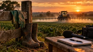 Trator pulveriza agrotóxicos em plantação ao pôr do sol, enquanto botas, luvas e equipamentos de reportagem representam os riscos da exposição a pesticidas no campo.