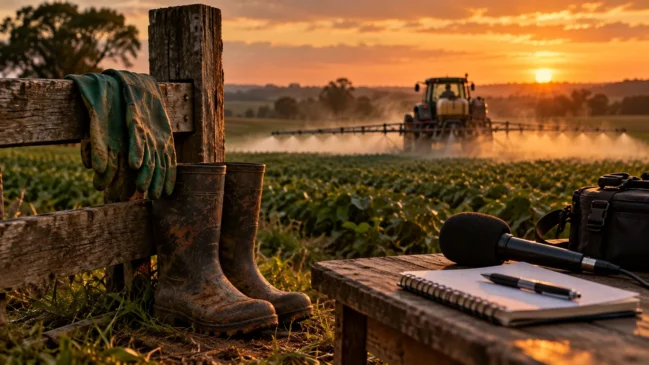 Trator pulveriza agrotóxicos em plantação ao pôr do sol, enquanto botas, luvas e equipamentos de reportagem representam os riscos da exposição a pesticidas no campo.