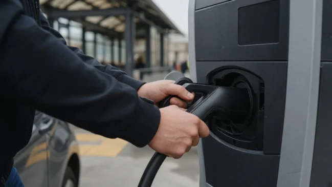 Cabo de carregador de carro elétrico conectado ao lado de saída de estação de metrô
