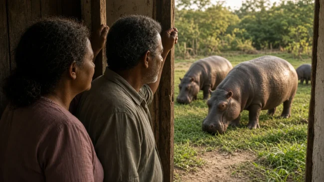 Casal observa hipopótamos pastando junto à entrada da propriedade na África do Sul