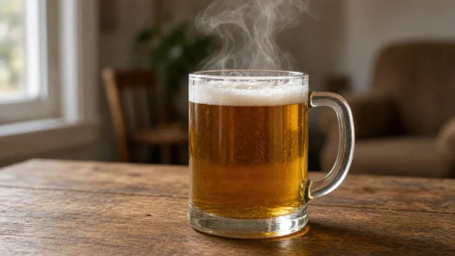 Copo de cerveja amber aquecida com vapor leve sobre mesa de madeira