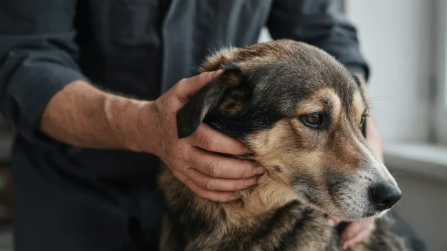 Mãos de adestrador sobre o pelo do pescoço de um cão em close emocional