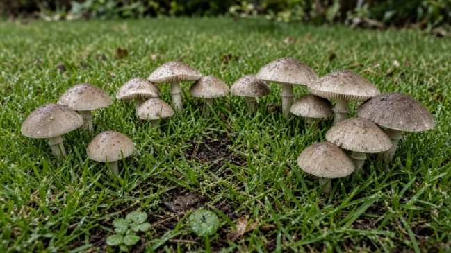 Anel de cogumelos frescos em gramado residencial após chuva