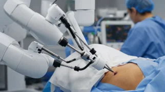 Braços de sistema de cirurgia robótica em ambiente hospitalar preparados para procedimento de mama