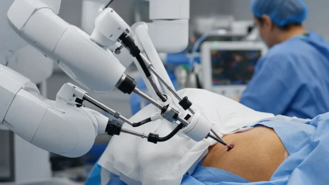 Braços de sistema de cirurgia robótica em ambiente hospitalar preparados para procedimento de mama
