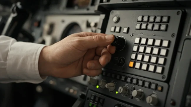 Painel de transponder em cabine de avião comercial durante alerta de código 7500