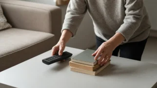 Mãos organizando objetos sobre mesa baixa de sala já livre de bagunça