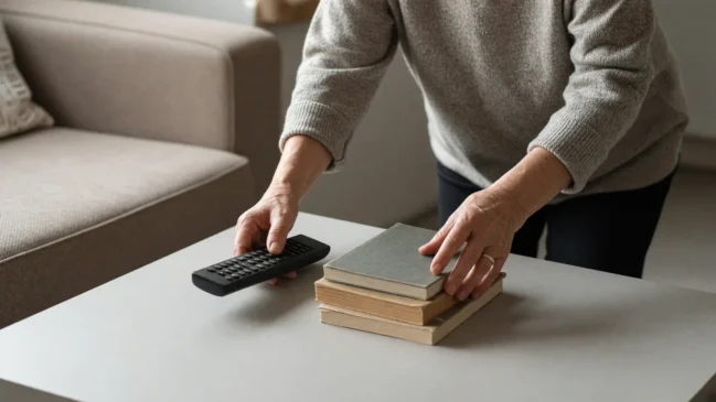 Mãos organizando objetos sobre mesa baixa de sala já livre de bagunça