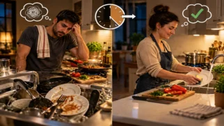 Duas pessoas cozinham em ambientes contrastantes: uma diante de pia cheia de louça e outra lavando utensílios durante o preparo da refeição.
