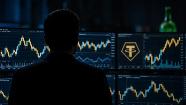 Silhueta de homem de terno diante de telas com gráficos de criptomoedas