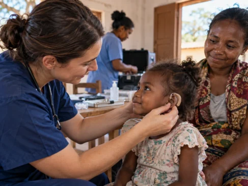 Criança com deficiência auditiva recebe ajuste de aparelho auditivo durante atendimento voluntário, acompanhada pela mãe em Madagascar.