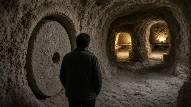 Túnel de pedra com porta circular de fechamento no complexo subterrâneo de Derinkuyu