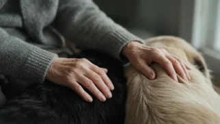 Mãos de tutora idosa sobre os cães que ela tenta realocar antes do fim da vida