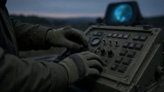 Mãos de operador em console de defesa aérea durante alerta