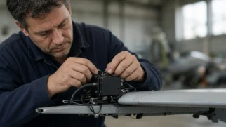 Engenheiro ajusta módulo de navegação visual em protótipo de drone de ataque