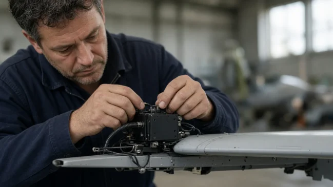 Engenheiro ajusta módulo de navegação visual em protótipo de drone de ataque