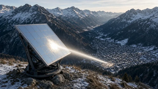 Espelho móvel no alto da montanha refletindo feixe de sol para vale sombreado