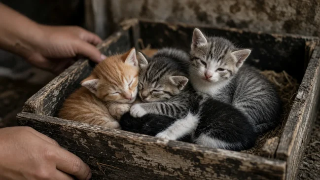 Filhotes de gato acomodados em caixa após resgate em calçada de brechó na InglaterraFilhotes de gato acomodados em caixa após resgate em calçada de brechó na Inglaterra