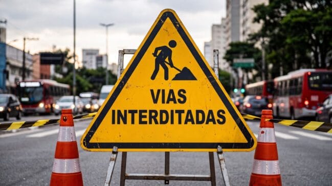 Placa triangular de sinalização rodoviária amarela com pictograma de homem a trabalhar e a inscrição "VIAS INTERDITADAS", ladeada por dois cones de trânsito e fita zebrada de isolamento, com tráfego urbano e autocarros desfocados ao fundo