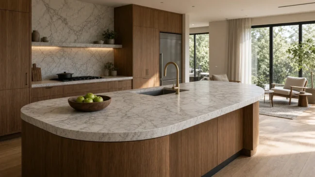 Ilha de cozinha com tampo de pedra curva e base em madeira no centro do ambiente