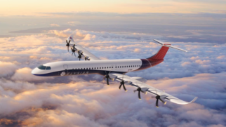 Conceito de avião regional elétrico com seis motores e asas longas no pátio