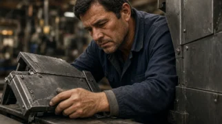 Trabalhador em linha de montagem industrial durante transição de produção