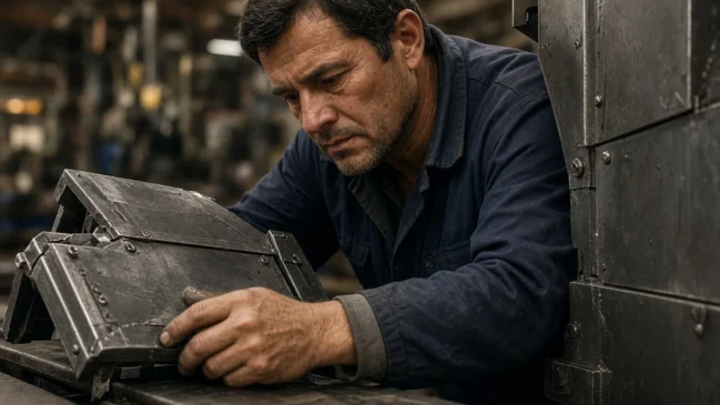 Trabalhador em linha de montagem industrial durante transição de produção